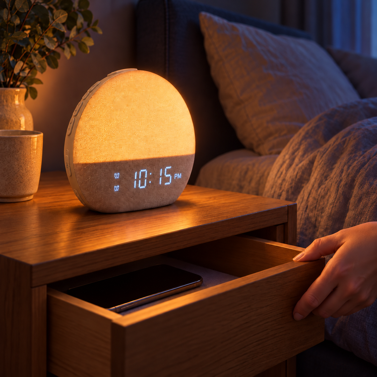Dawn glowing on a bedside table with a phone put away in the drawer