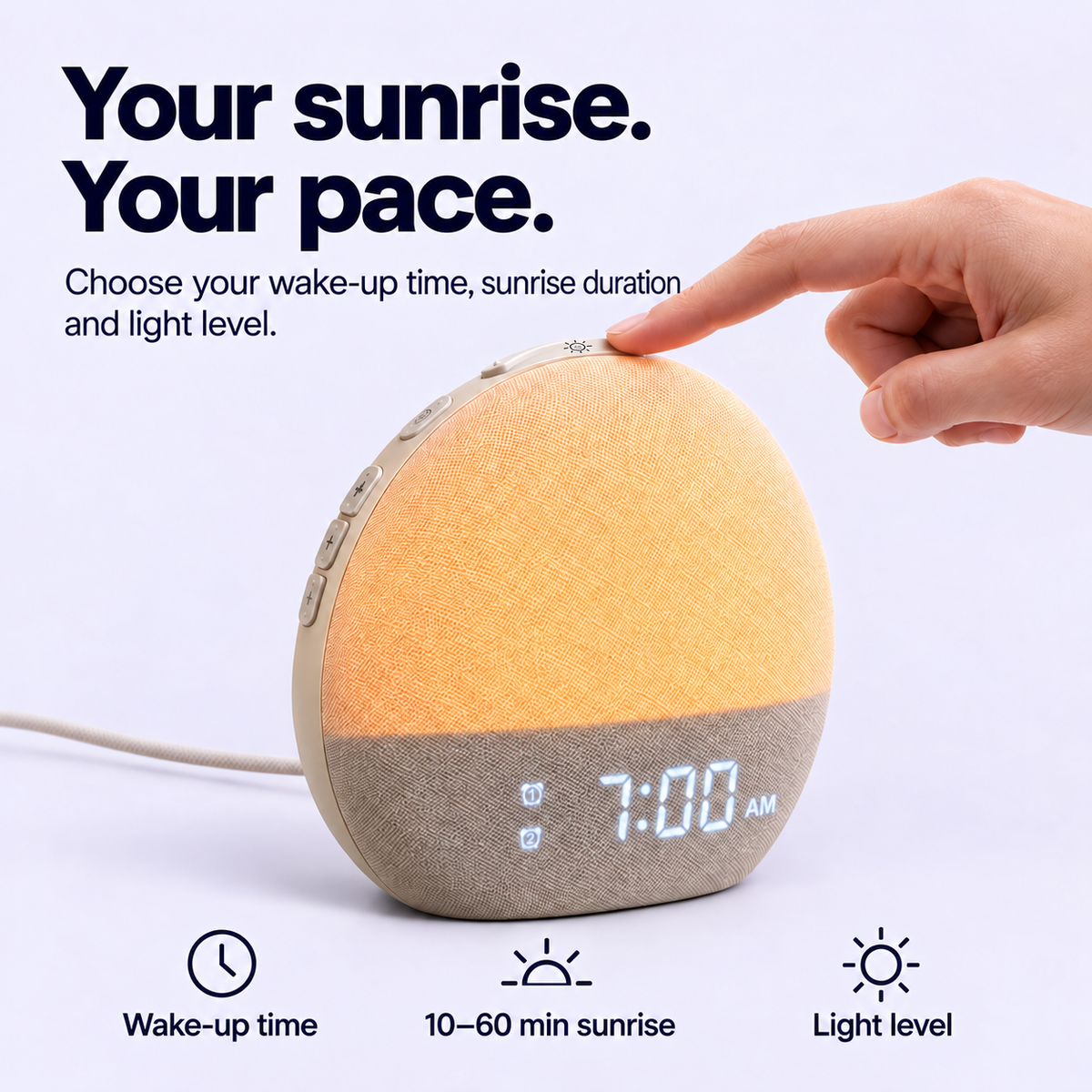 Dawn wake-up light with US 12-hour AM/PM display